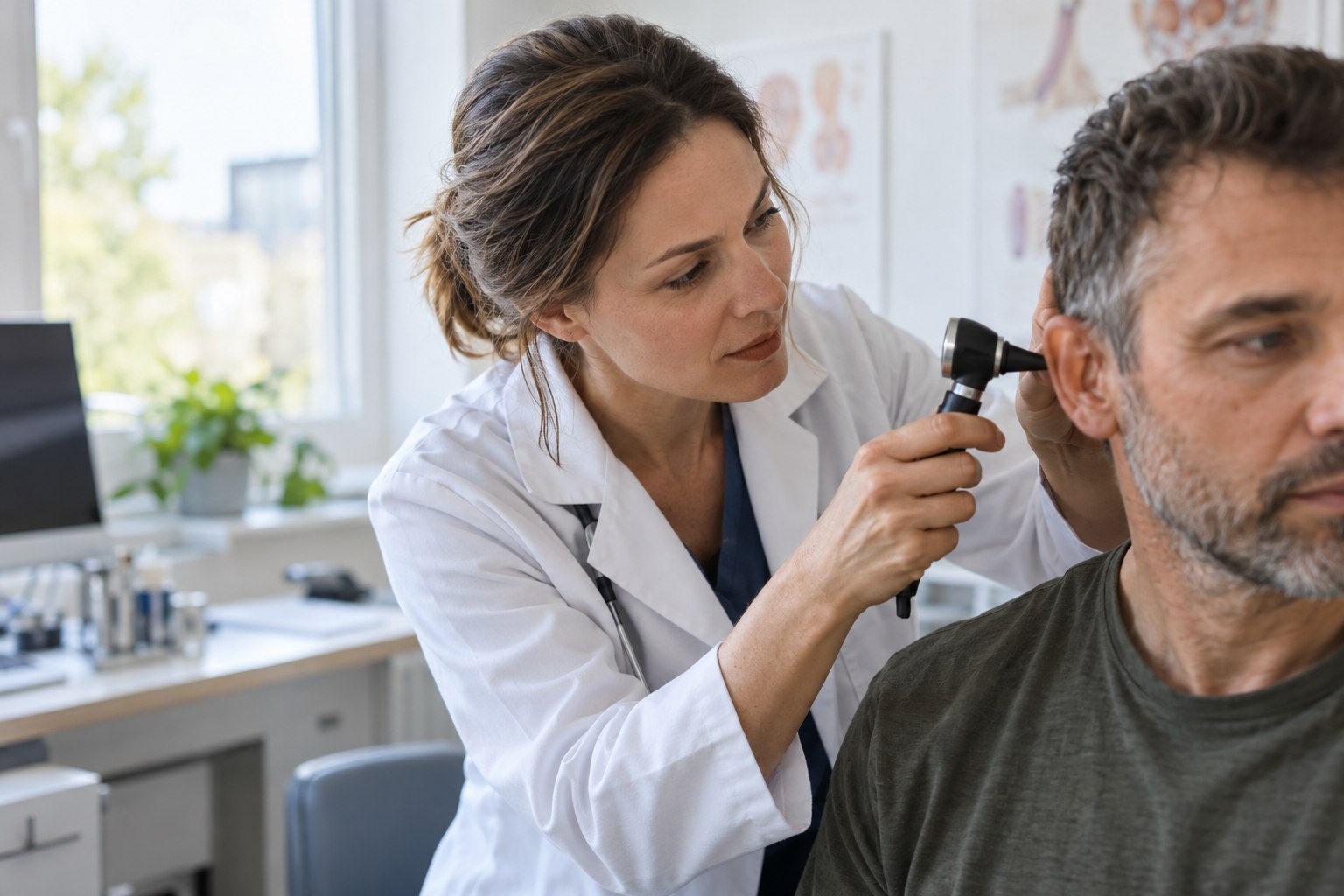 Ärztin im Gespräch mit einem Patienten im Behandlungszimmer