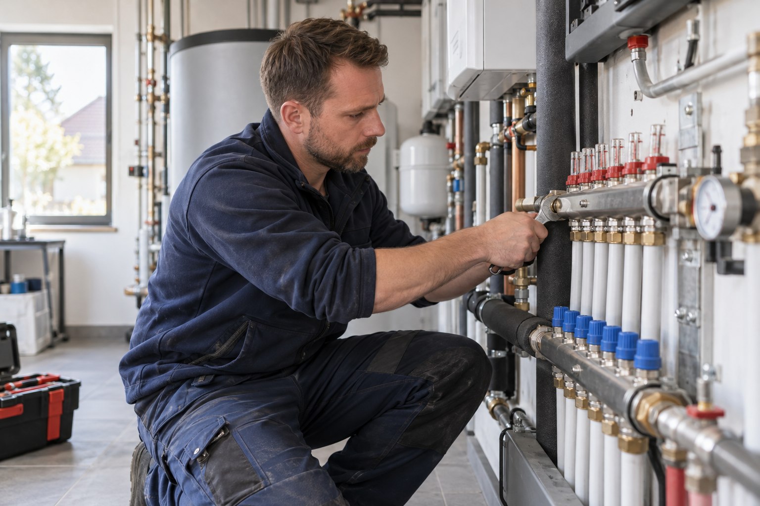 Berufsunfähigkeitsversicherung für Anlagenmechaniker SHK Anlagenmechaniker prüft Rohranschlüsse einer Heizungsanlage