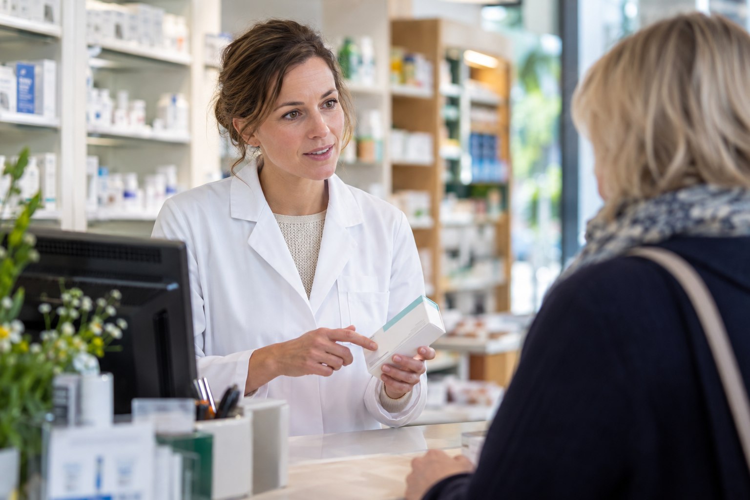 Apothekerin bei der Beratung eines Kunden in der Apotheke