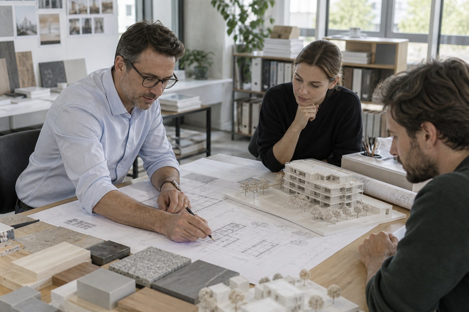 Architekt erläutert einen Gebäudeentwurf anhand von Plan und Modell