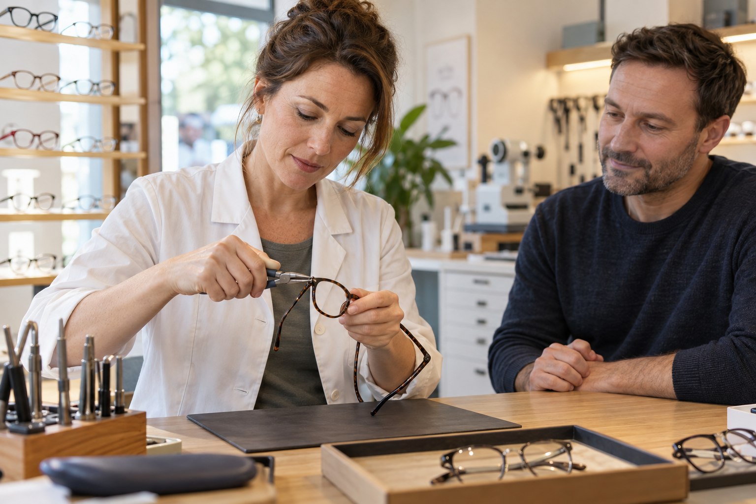 Augenoptikerin passt eine Brillenfassung mit einer Optikerzange an
