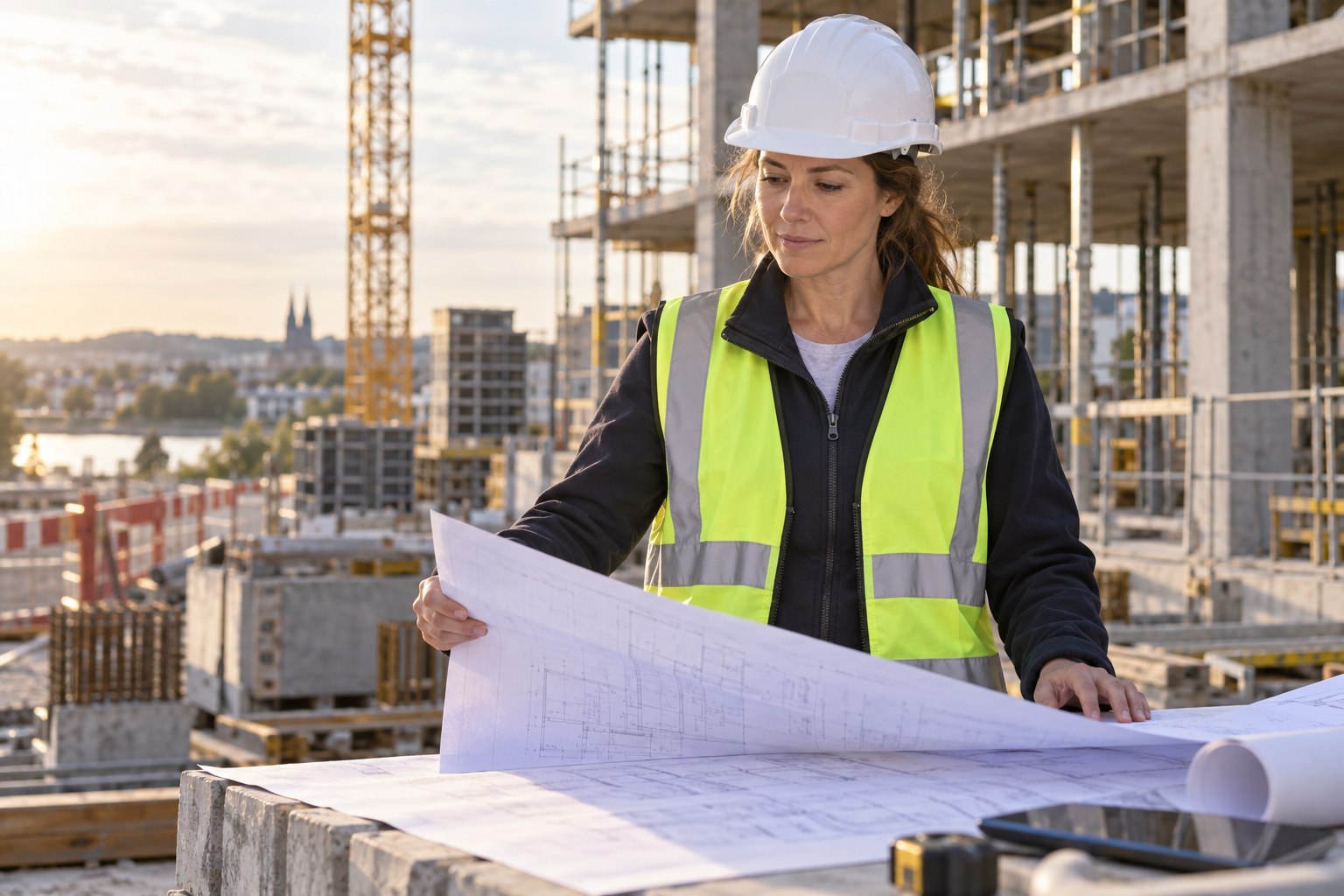 Bauingenieurin prüft Baupläne auf einer Baustelle