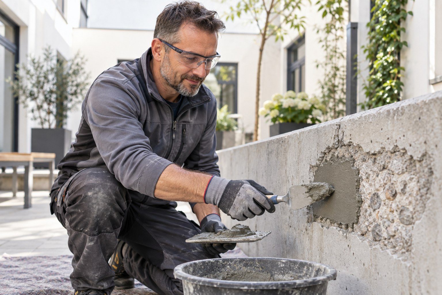 Bausanierer trägt Reparaturmörtel auf eine vorbereitete Betonfläche auf