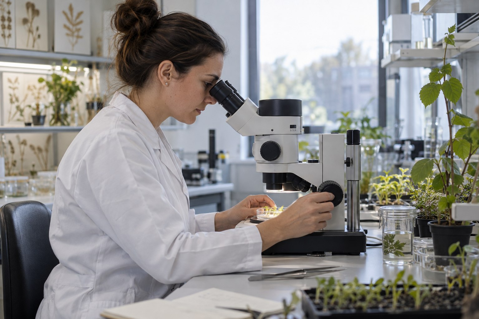 Biologin untersucht eine Pflanzenprobe am Stereomikroskop