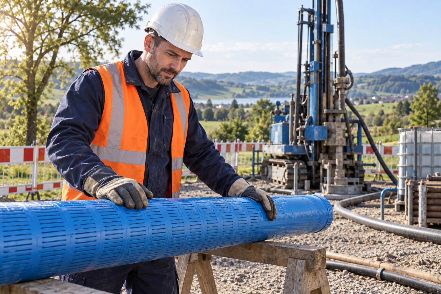 Berufsunfähigkeitsversicherung für Brunnenbauer Brunnenbauer kontrolliert ein Brunnenfilterrohr an einer abgesperrten Bohrstelle