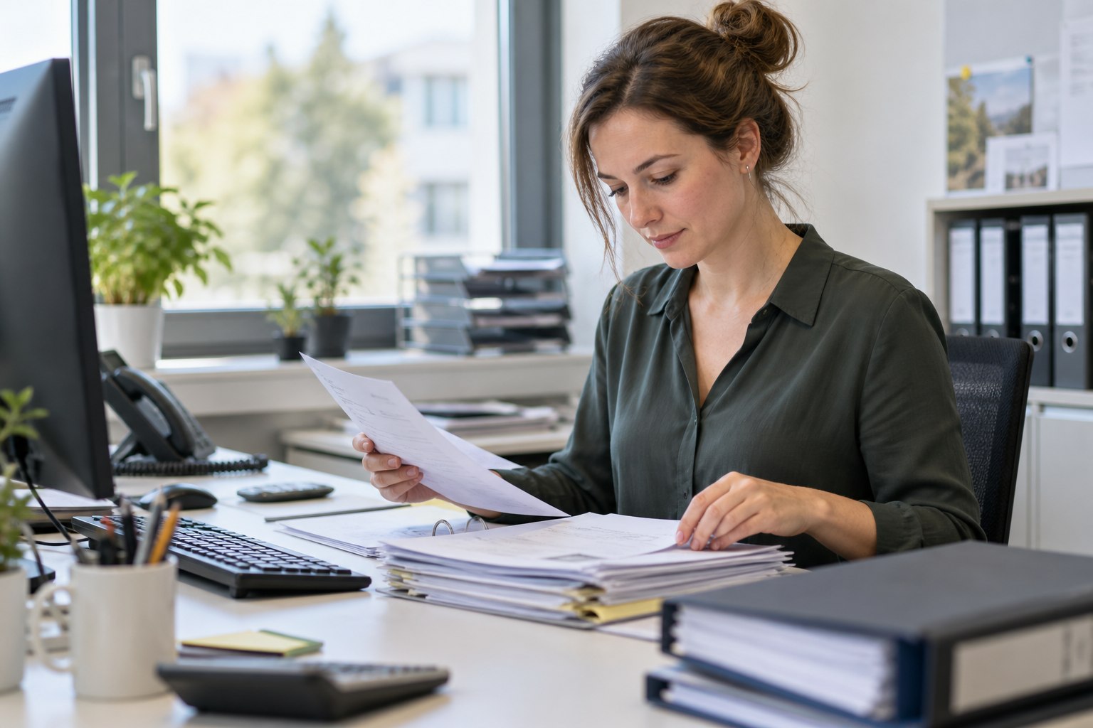 Berufsunfähigkeitsversicherung für Kaufleute für Büromanagement Kauffrau für Büromanagement bearbeitet Unterlagen an ihrem Schreibtisch