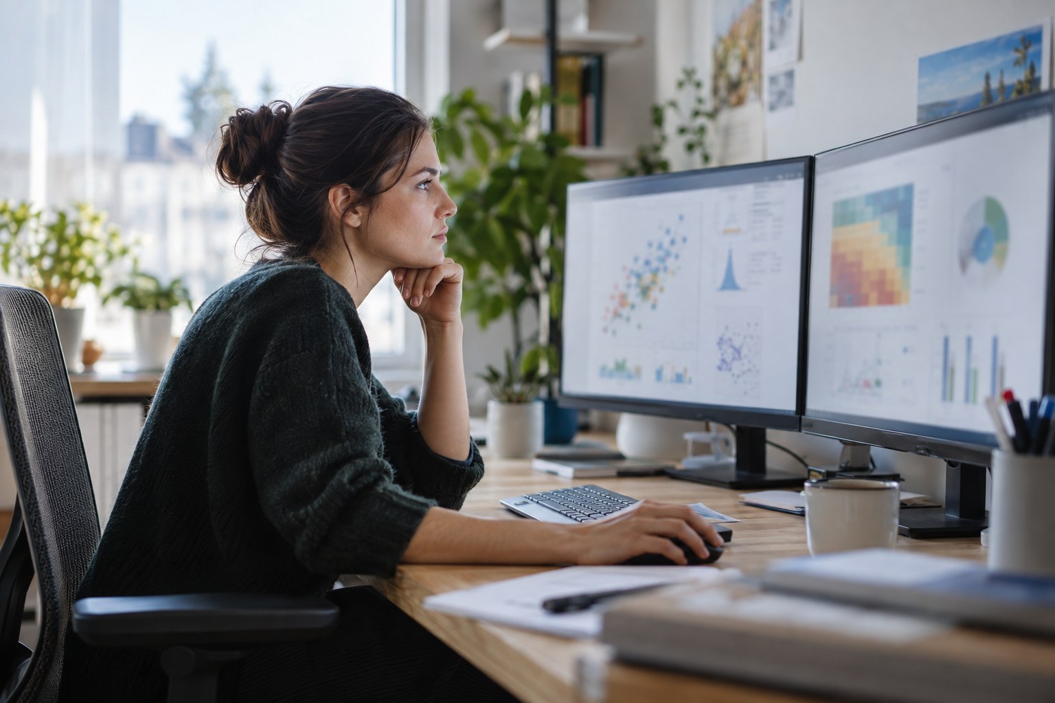Berufsunfähigkeitsversicherung für Data Scientists Data Scientist analysiert Diagramme an zwei Bildschirmen