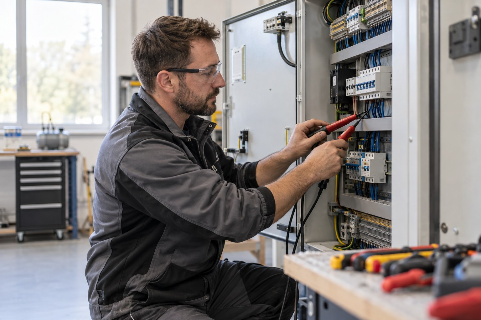 Berufsunfähigkeitsversicherung für Elektroniker Elektroniker prüft eine elektrische Anlage mit einem Messgerät