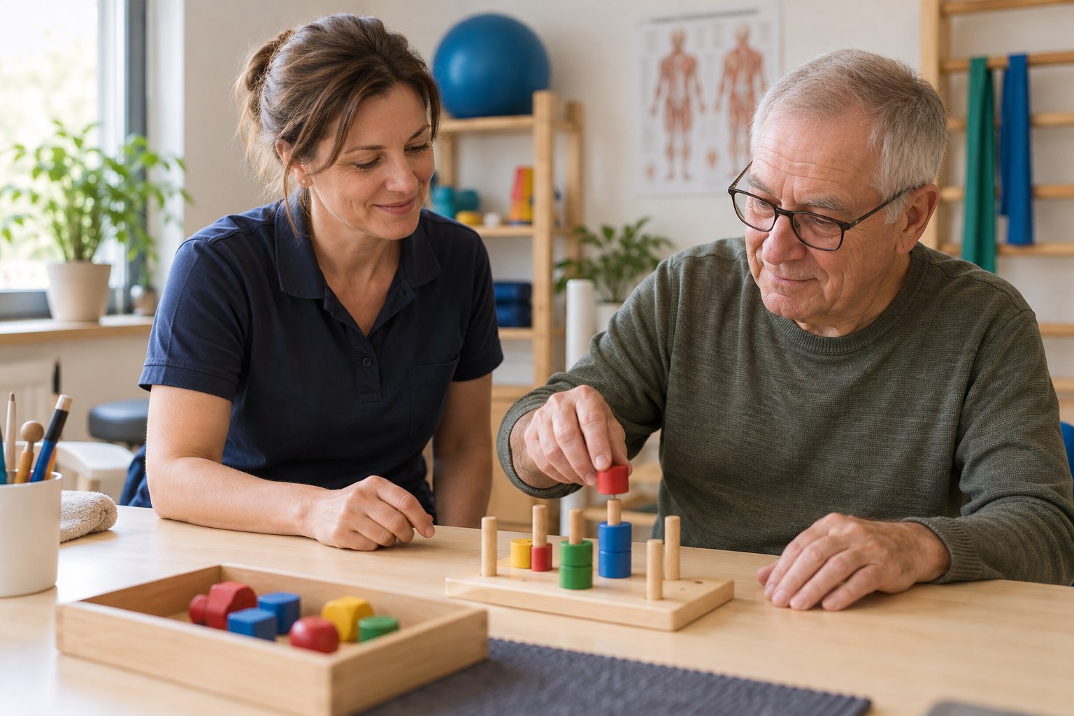 Berufsunfähigkeitsversicherung für Ergotherapeuten Ergotherapeutin begleitet eine feinmotorische Übung am Therapietisch