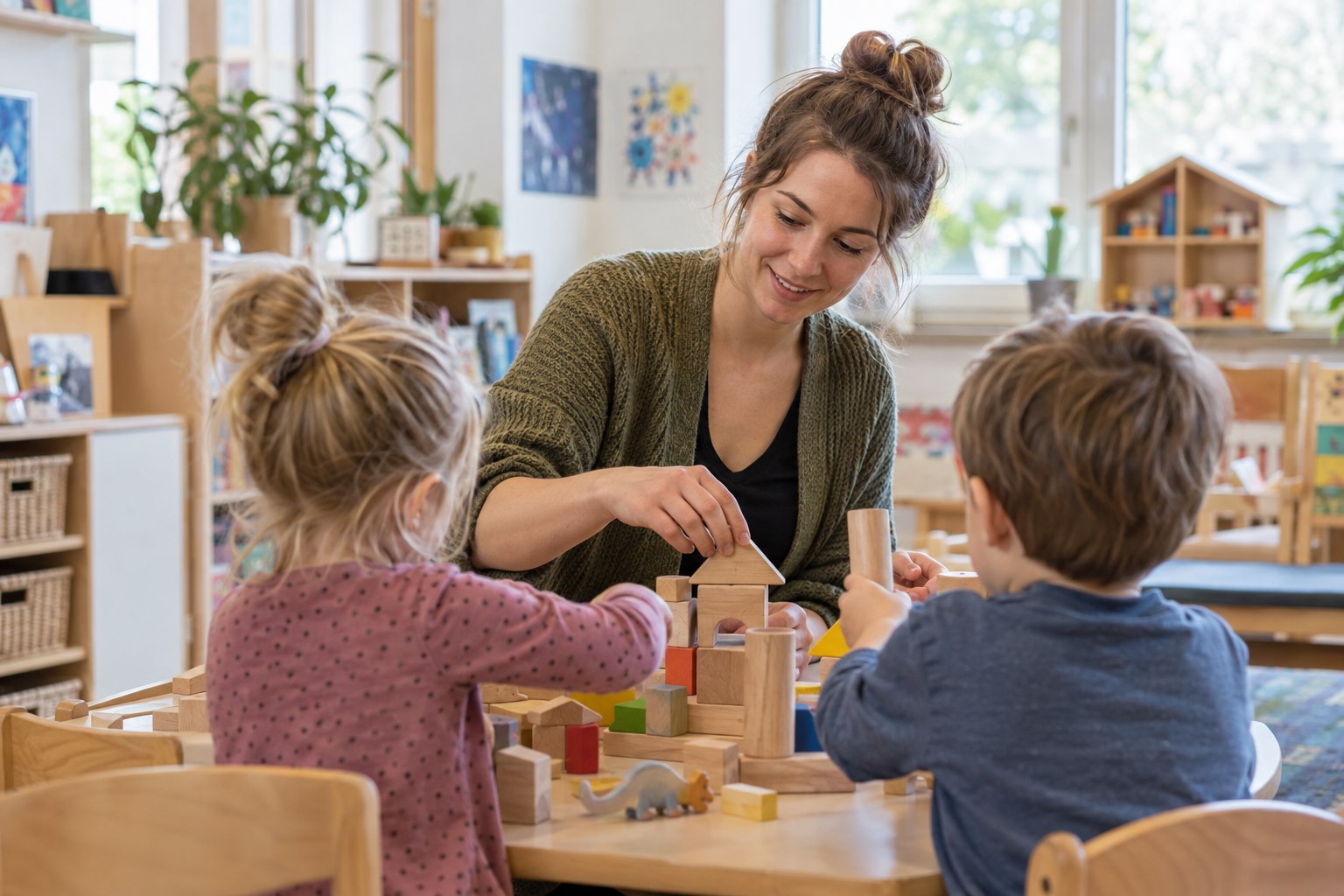 Erzieherin begleitet Kinder beim Spielen mit Holzbausteinen