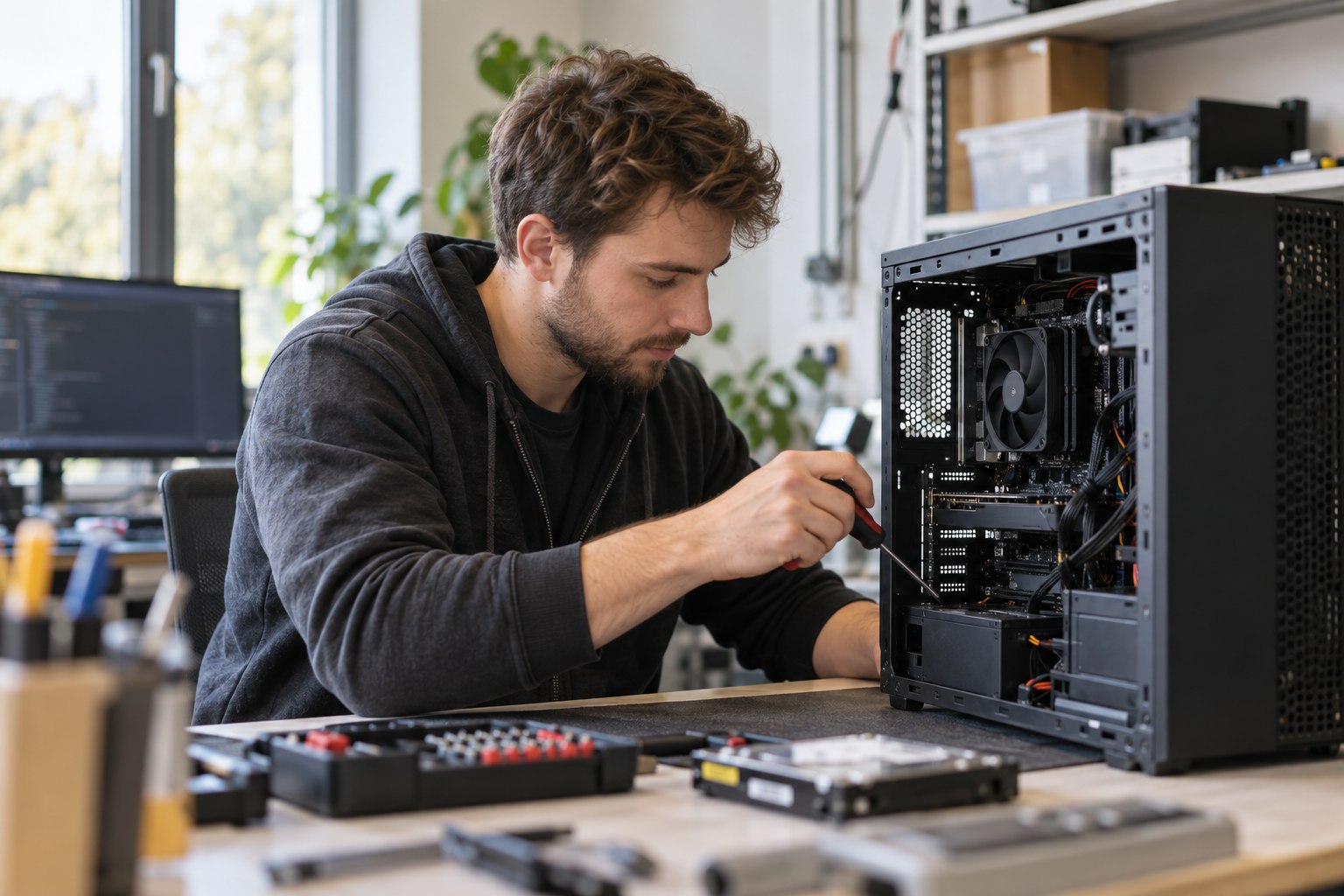 Berufsunfähigkeitsversicherung für Fachinformatiker Fachinformatiker arbeitet an einem Computer im IT-Arbeitsbereich