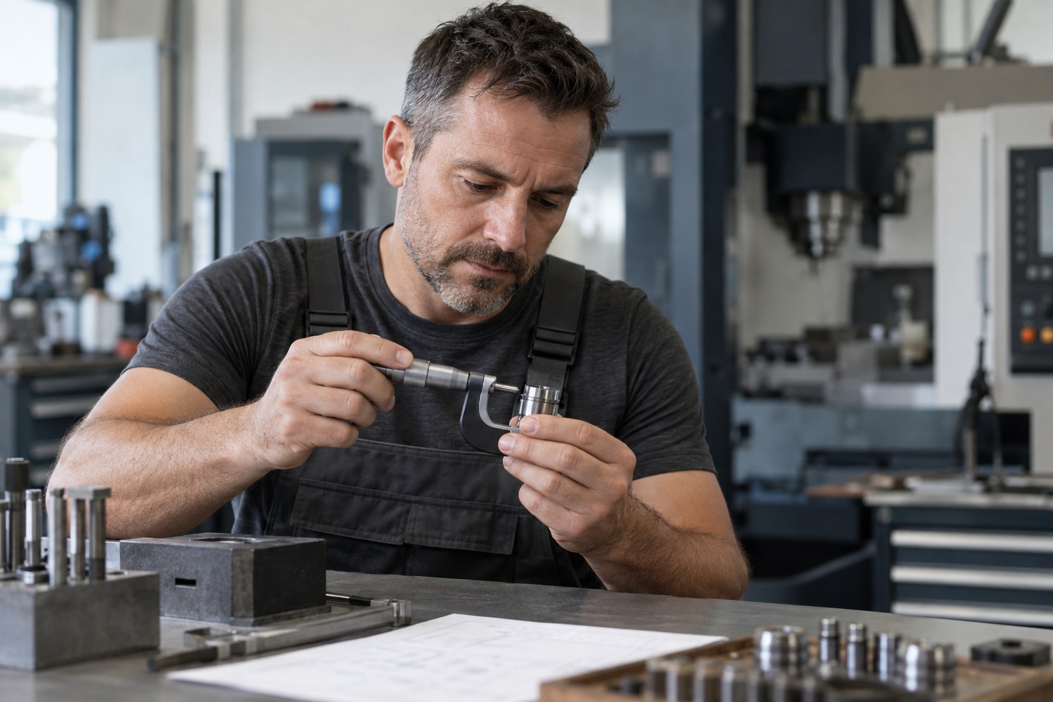 Feinwerkmechaniker misst ein Metallbauteil mit einer Bügelmessschraube