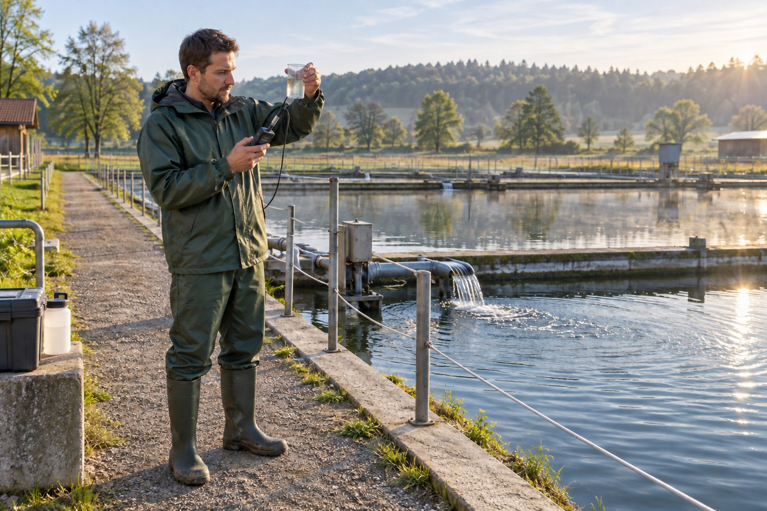 Berufsunfähigkeitsversicherung für Fischwirte Fischwirt prüft eine Wasserprobe an einer professionellen Teichanlage