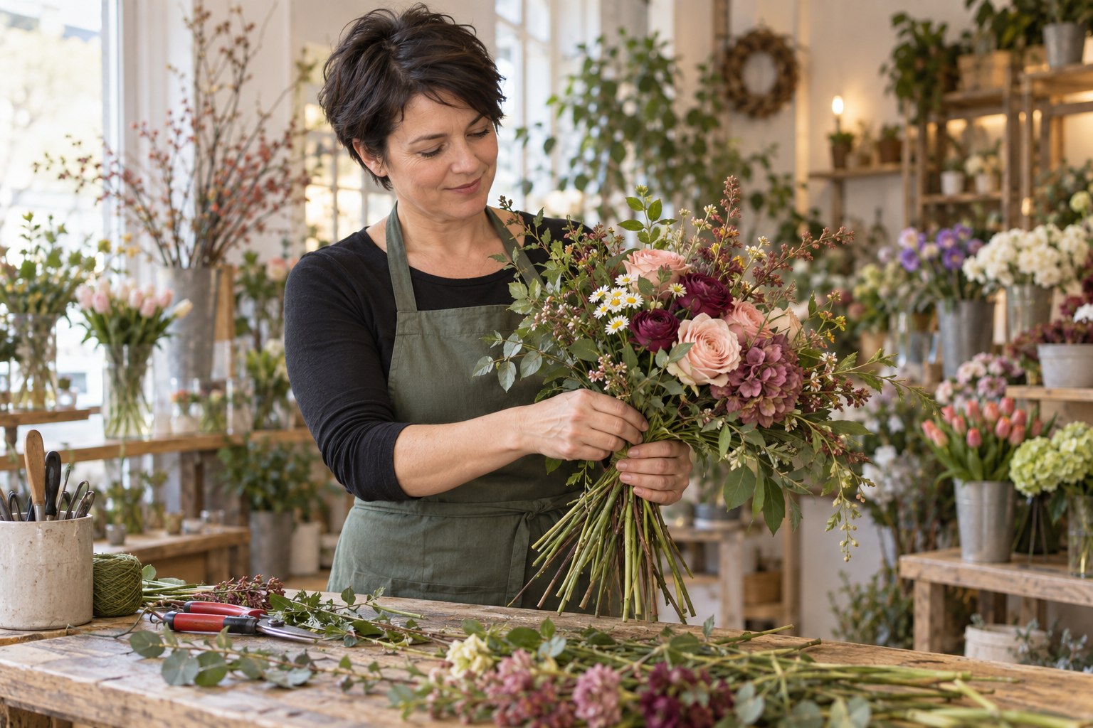 Floristin bindet einen Blumenstrauß an ihrem Arbeitstisch im Blumenfachgeschäft
