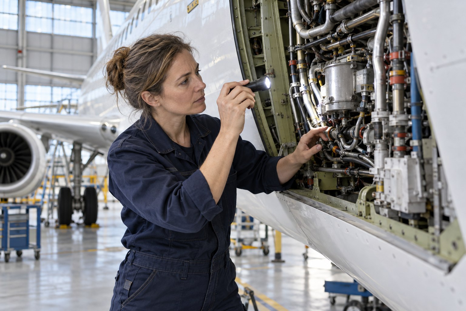 Fluggerätmechanikerin kontrolliert einen geöffneten Wartungsbereich am Flugzeug