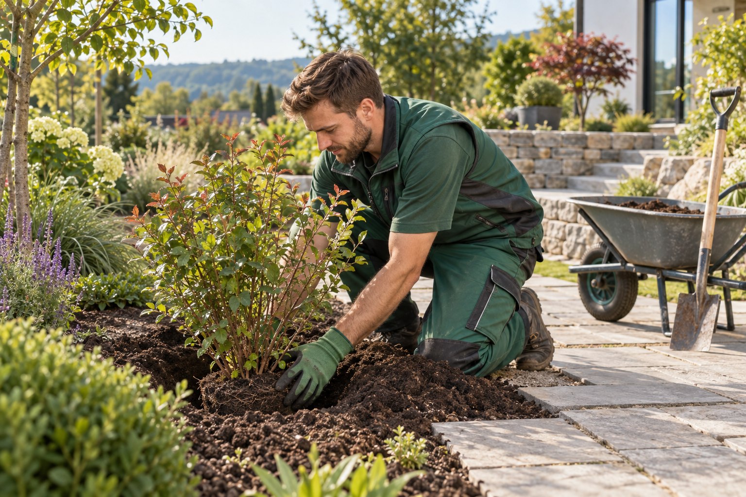Garten- und Landschaftsbauer setzt einen Strauch in ein vorbereitetes Gartenbeet