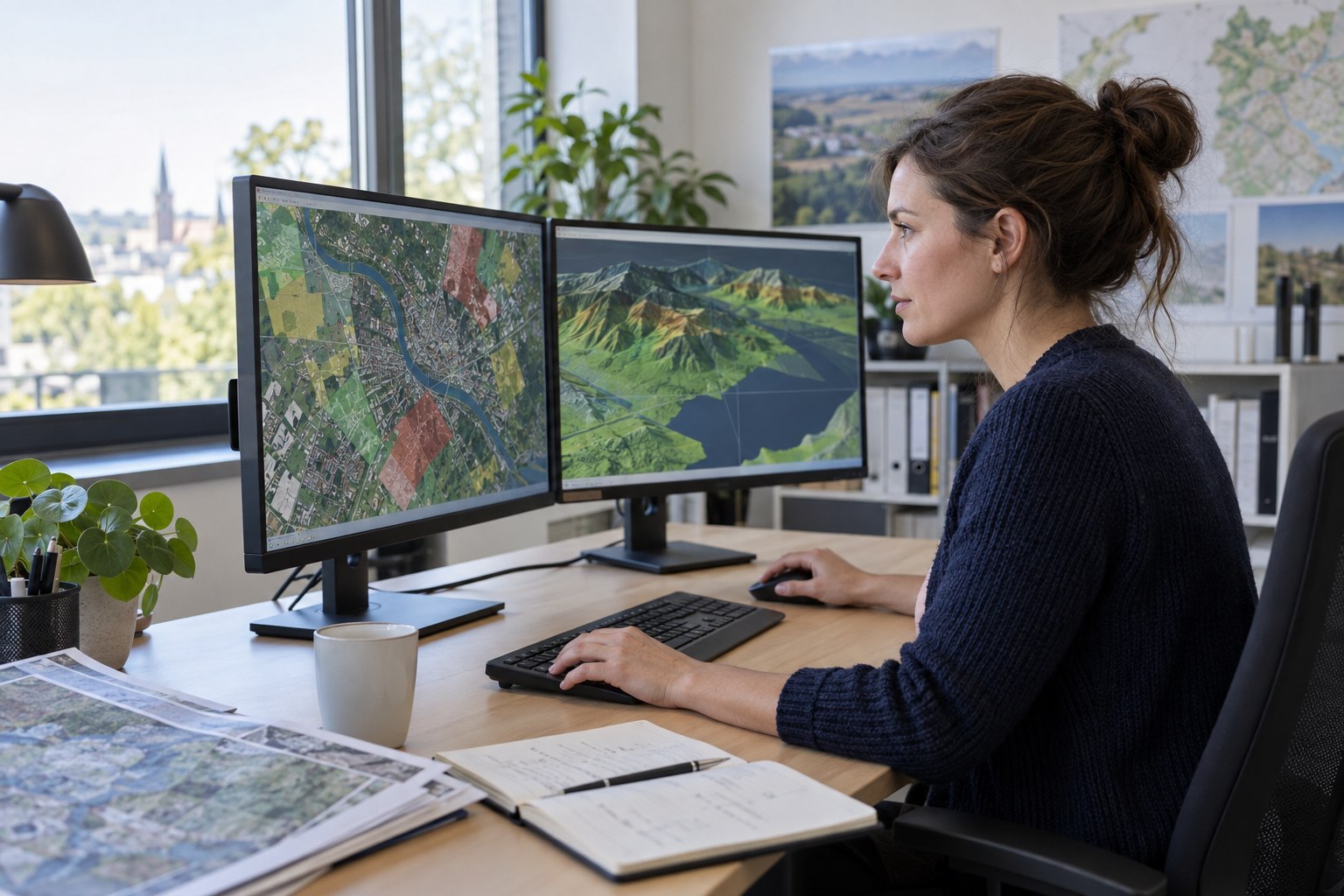 Geoinformatikerin analysiert digitale Karten und ein Geländemodell am Bildschirm
