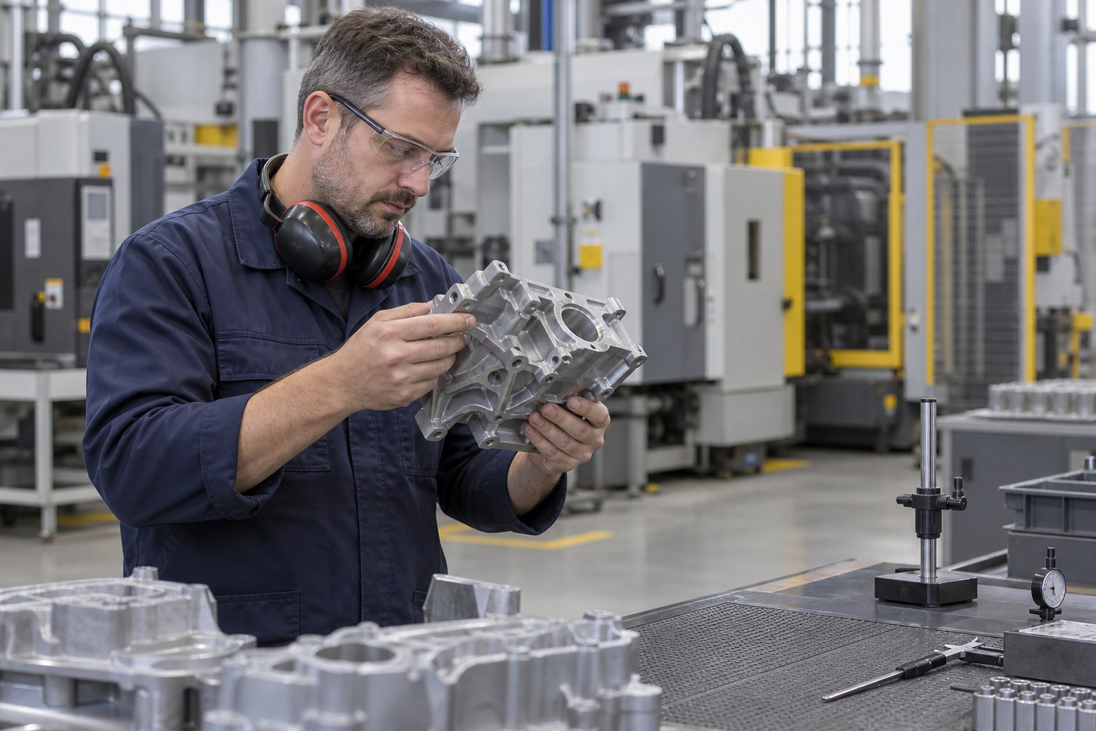 Gießereimechaniker prüft ein abgekühltes Aluminiumgussteil am Arbeitsplatz