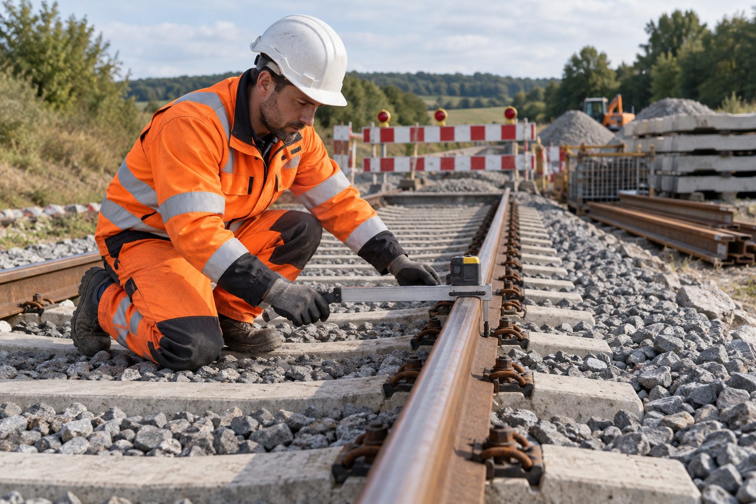 Gleisbauer prüft die Schienenlage an einem für Bauarbeiten gesperrten Gleis