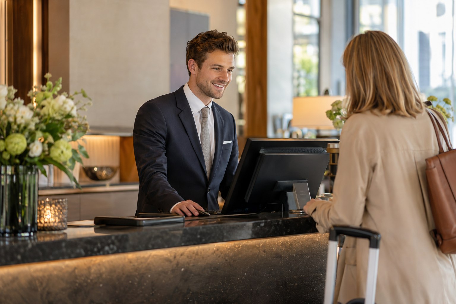 Berufsunfähigkeitsversicherung für Hotelkaufleute Hotelkaufmann betreut einen Gast an der Rezeption