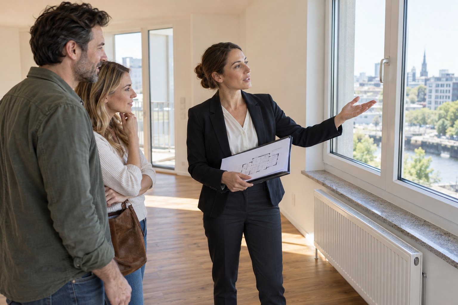 Berufsunfähigkeitsversicherung für Immobilienkaufleute Immobilienkauffrau erläutert einen Grundriss bei einer Wohnungsbesichtigung