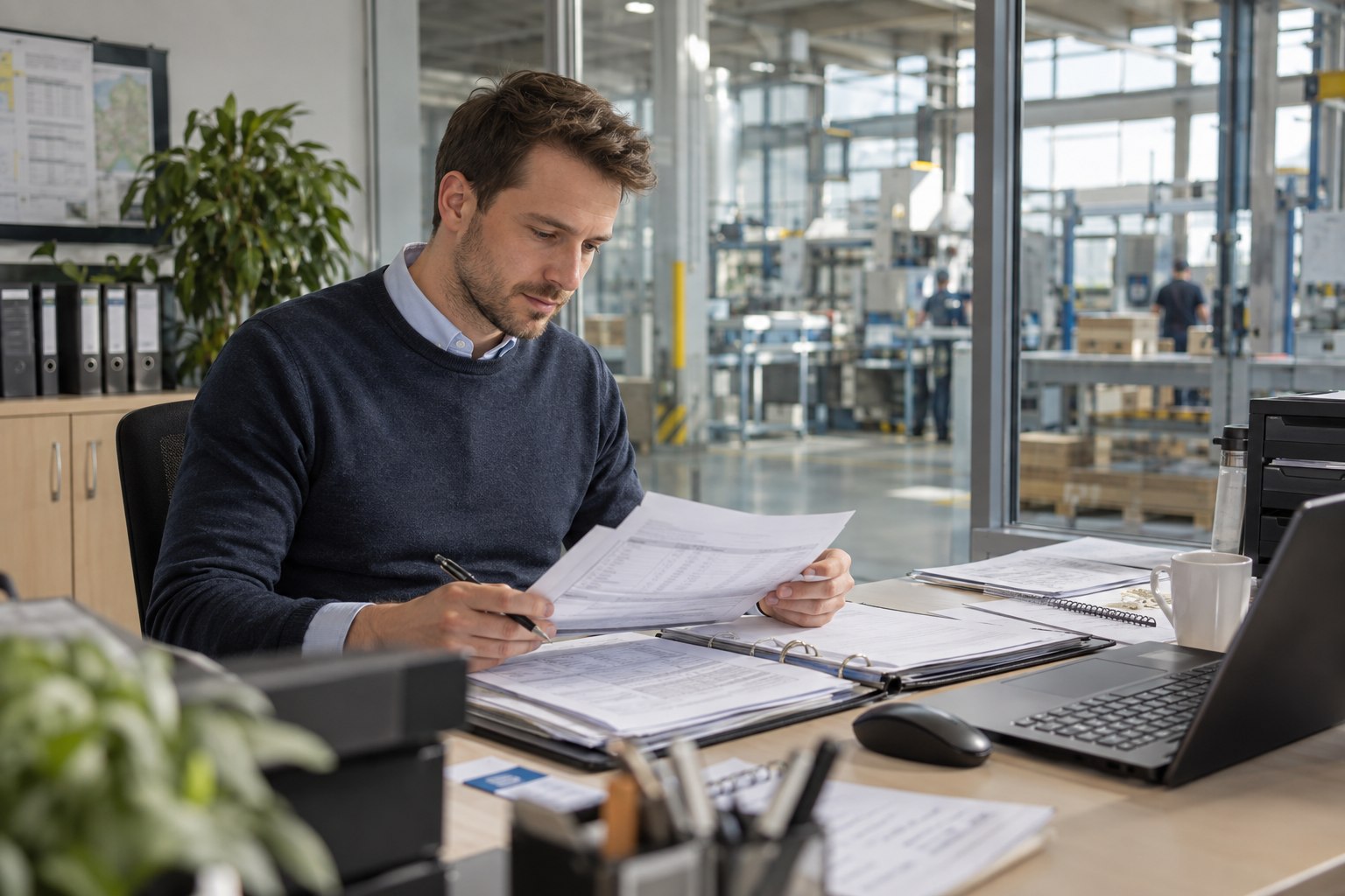 Industriekaufmann prüft Unterlagen im Büro eines Produktionsbetriebs
