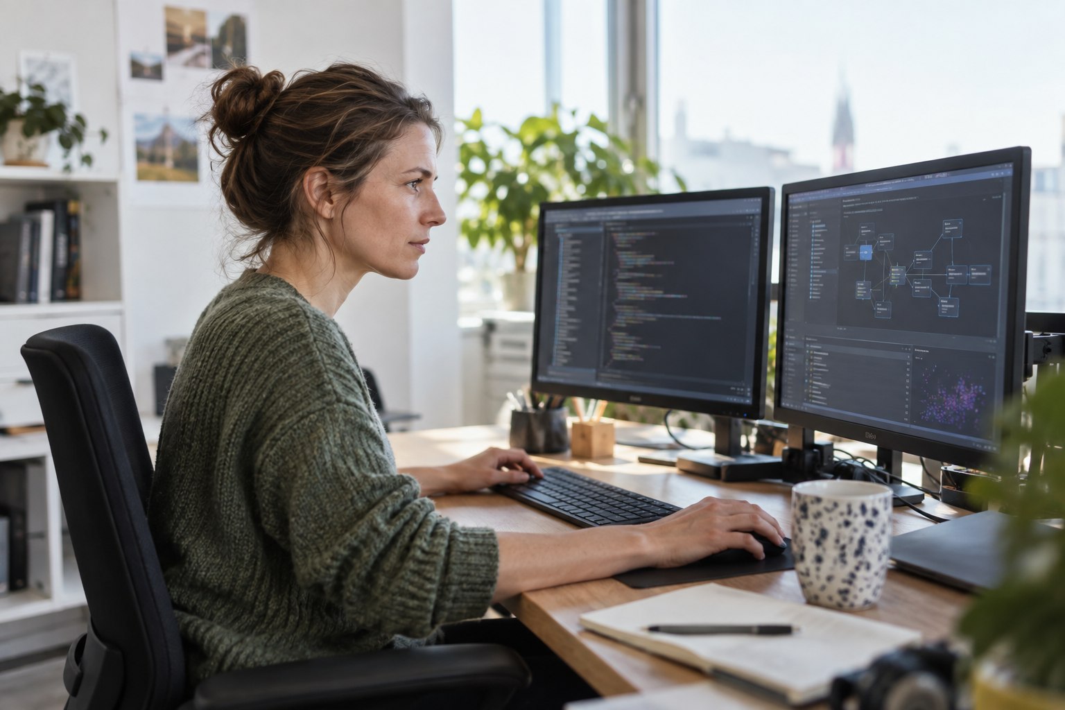 Berufsunfähigkeitsversicherung für Informatiker Informatikerin arbeitet an einer Softwarelösung am Bildschirm