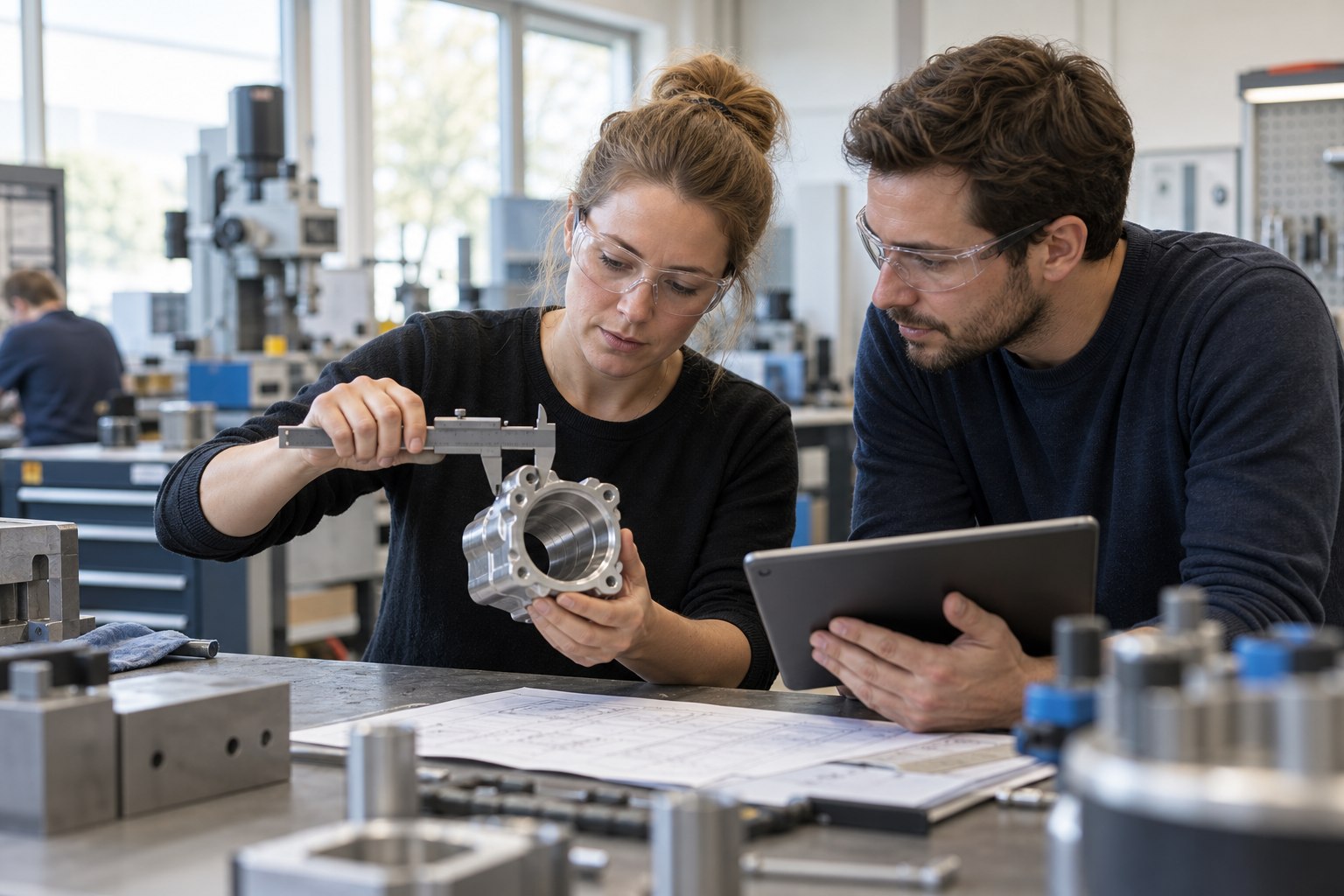Ingenieurin prüft ein technisches Bauteil im Entwicklungsbereich