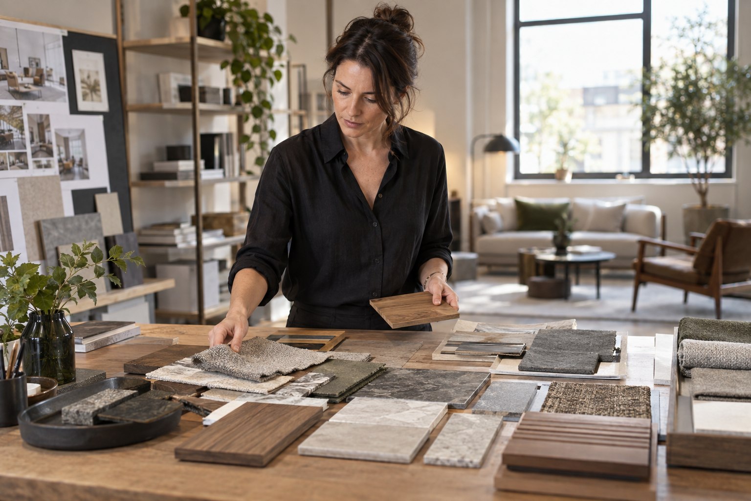 Innenarchitektin vergleicht Materialmuster im Planungsstudio