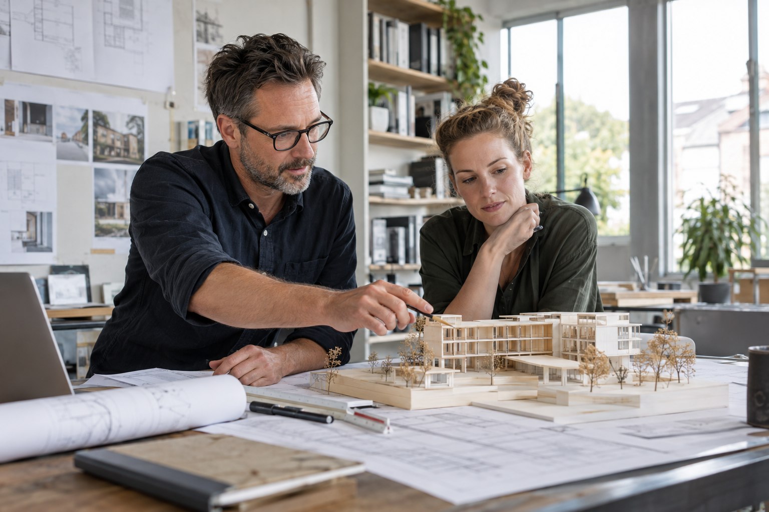 Berufsunfähigkeitsversicherung für Kammerberufe Architekt bespricht ein Gebäudemodell und Baupläne im Büro