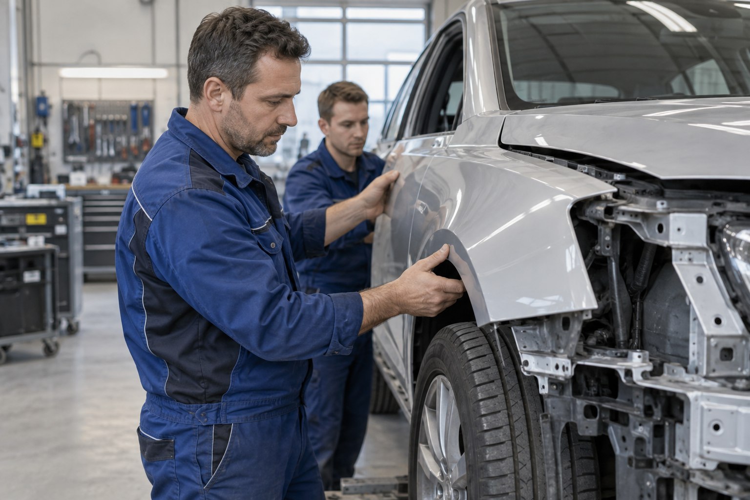 Karosseriemechaniker passt mit einem Kollegen einen Kotflügel am Fahrzeug an
