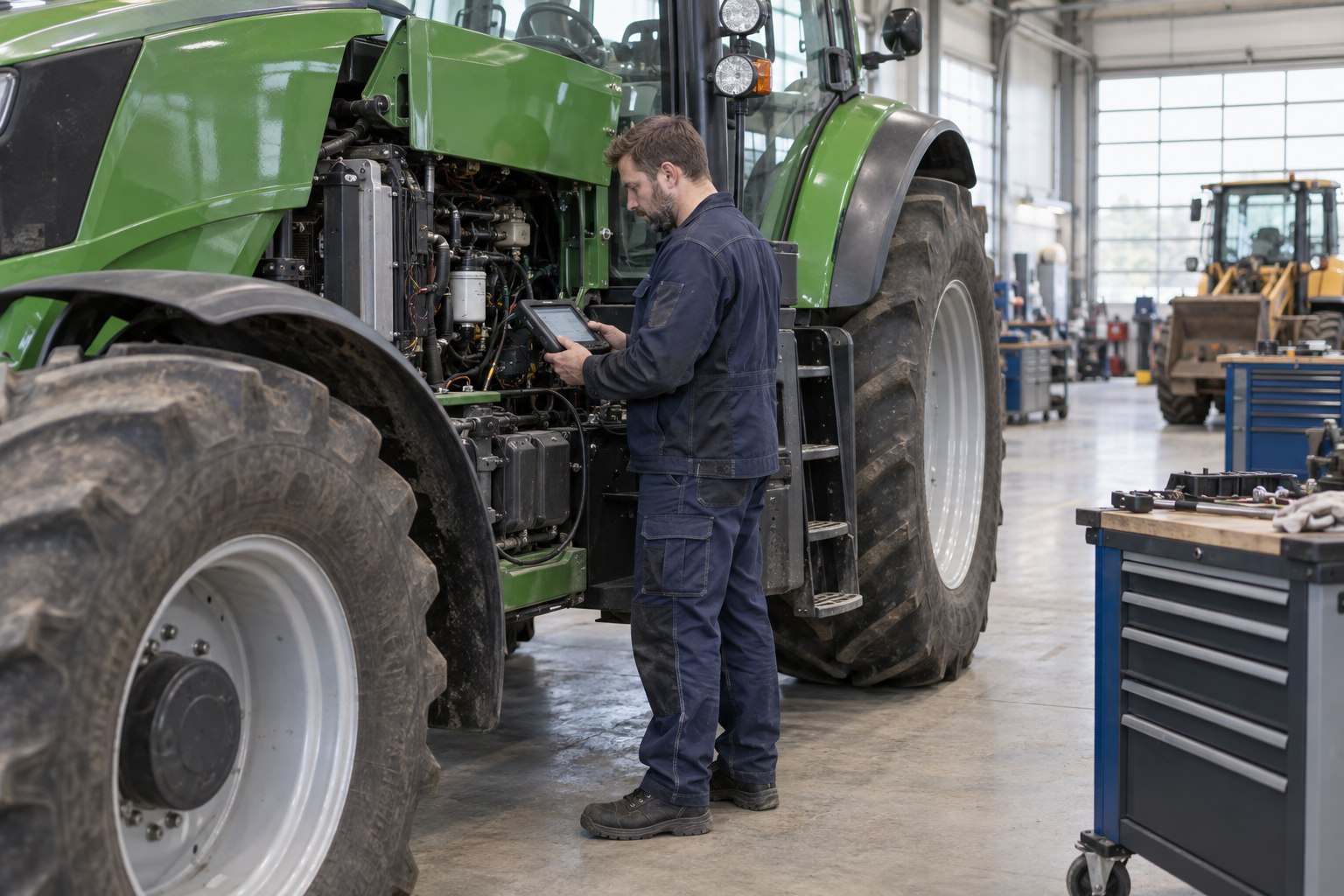 Land- und Baumaschinenmechatroniker prüft einen Traktor mit einem Diagnosegerät