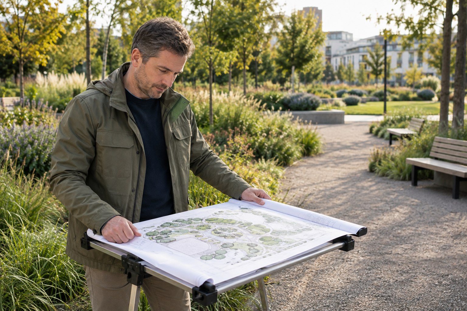 Landschaftsarchitekt prüft einen Freiraumplan in einer Parkanlage