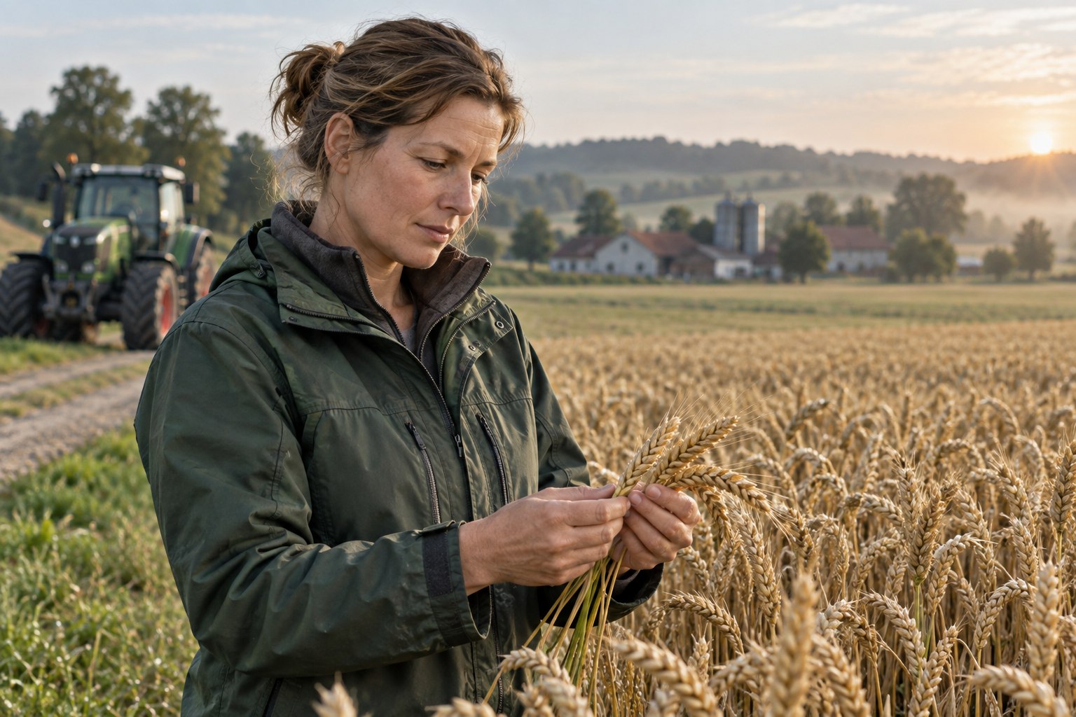 Landwirtin prüft Getreideähren am Rand eines Feldes