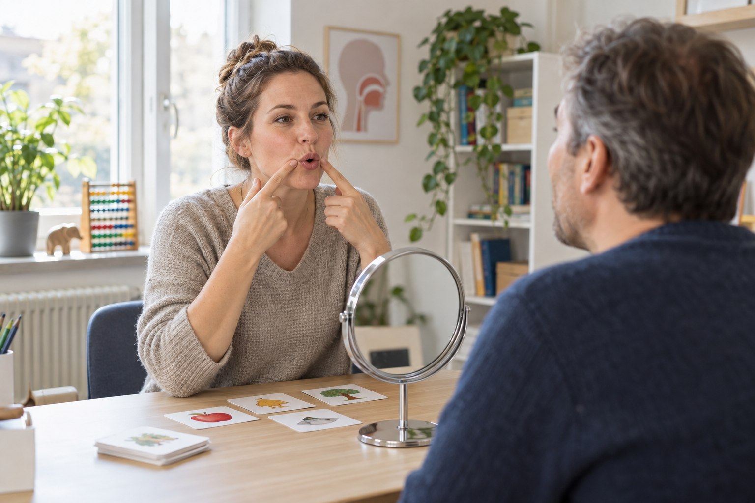 Logopädin begleitet eine Sprechübung mit einem erwachsenen Patienten