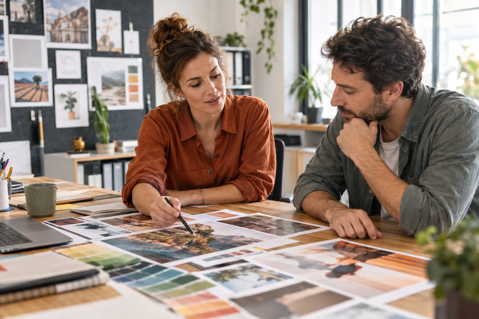 Marketingmanagerin bespricht Kampagnenentwürfe mit einem Kollegen
