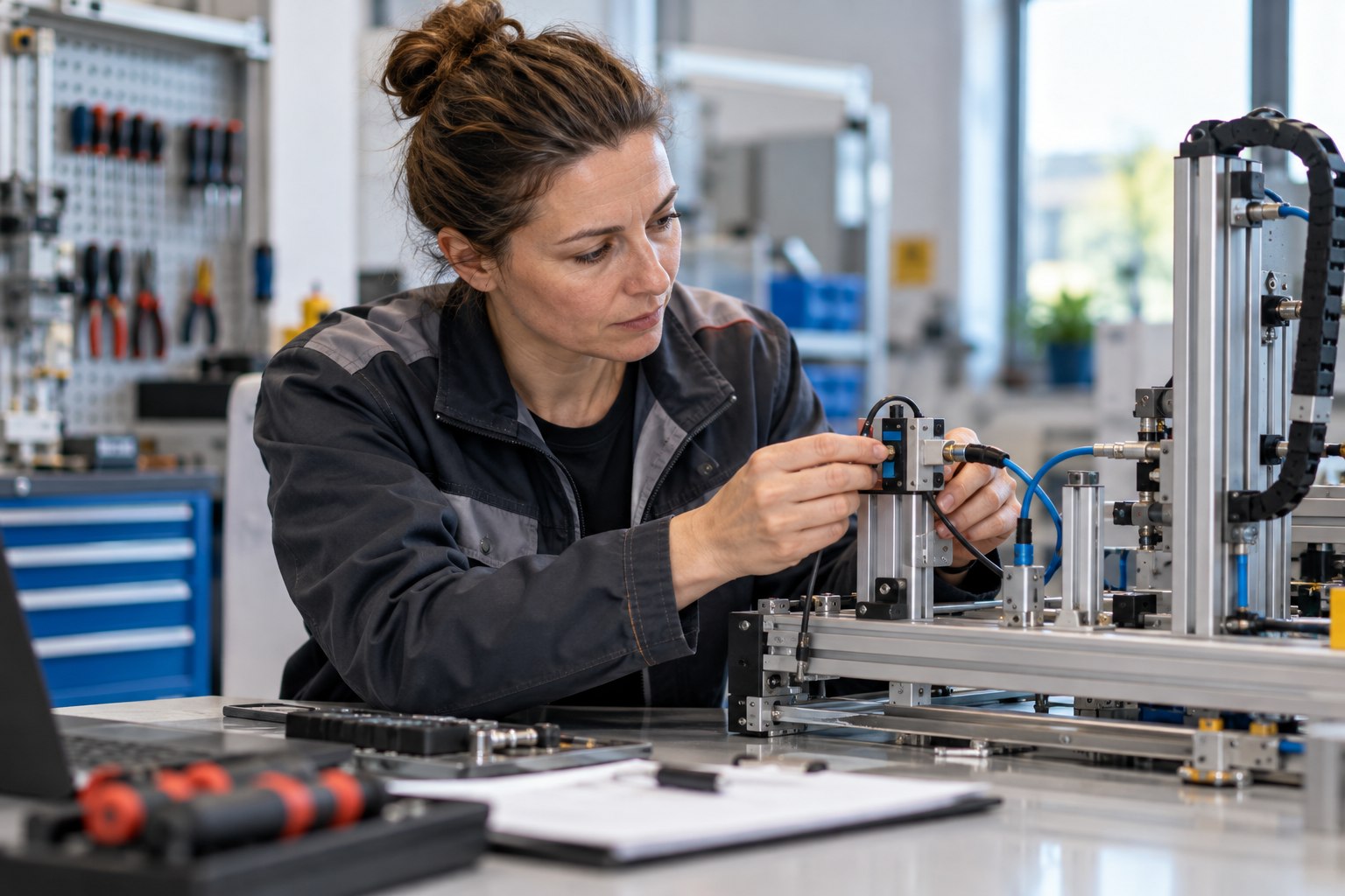 Mechatronikerin kontrolliert die Sensorik eines technischen Moduls
