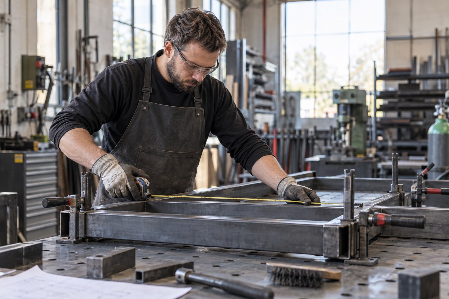 Berufsunfähigkeitsversicherung für Metallbauer Metallbauer kontrolliert die Maße eines Stahlrahmens in der Werkstatt