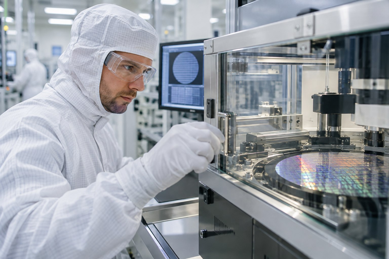 Mikrotechnologe kontrolliert eine Halbleiter-Prüfstation im Reinraum