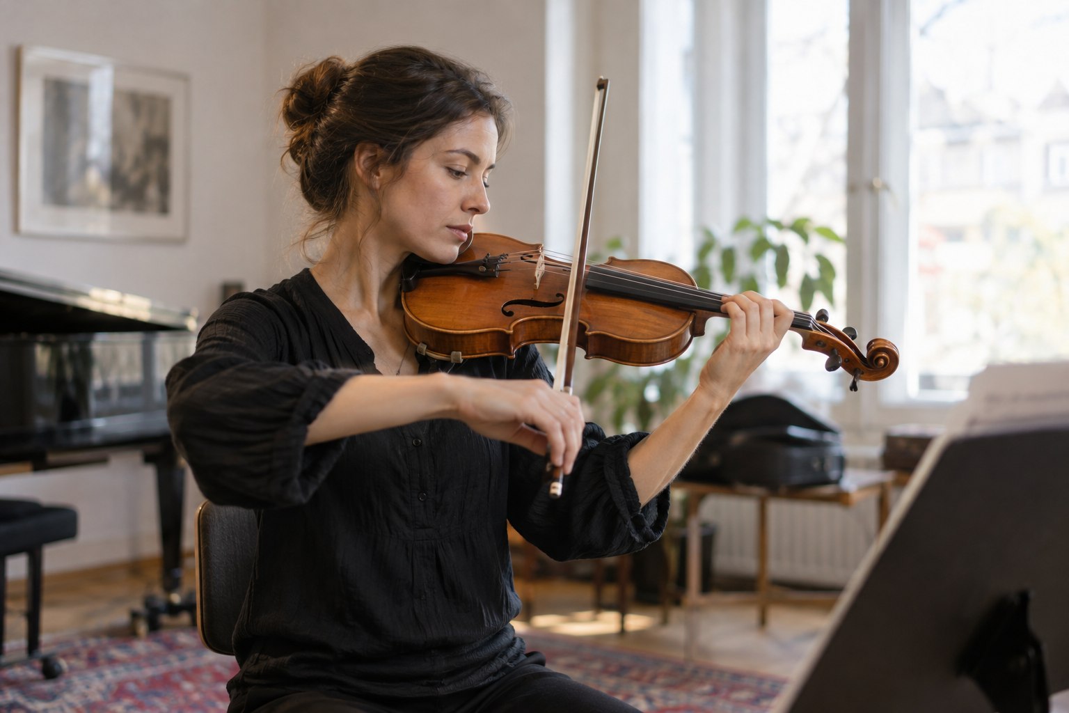 Geigerin probt mit ihrem Instrument in einem Musikraum