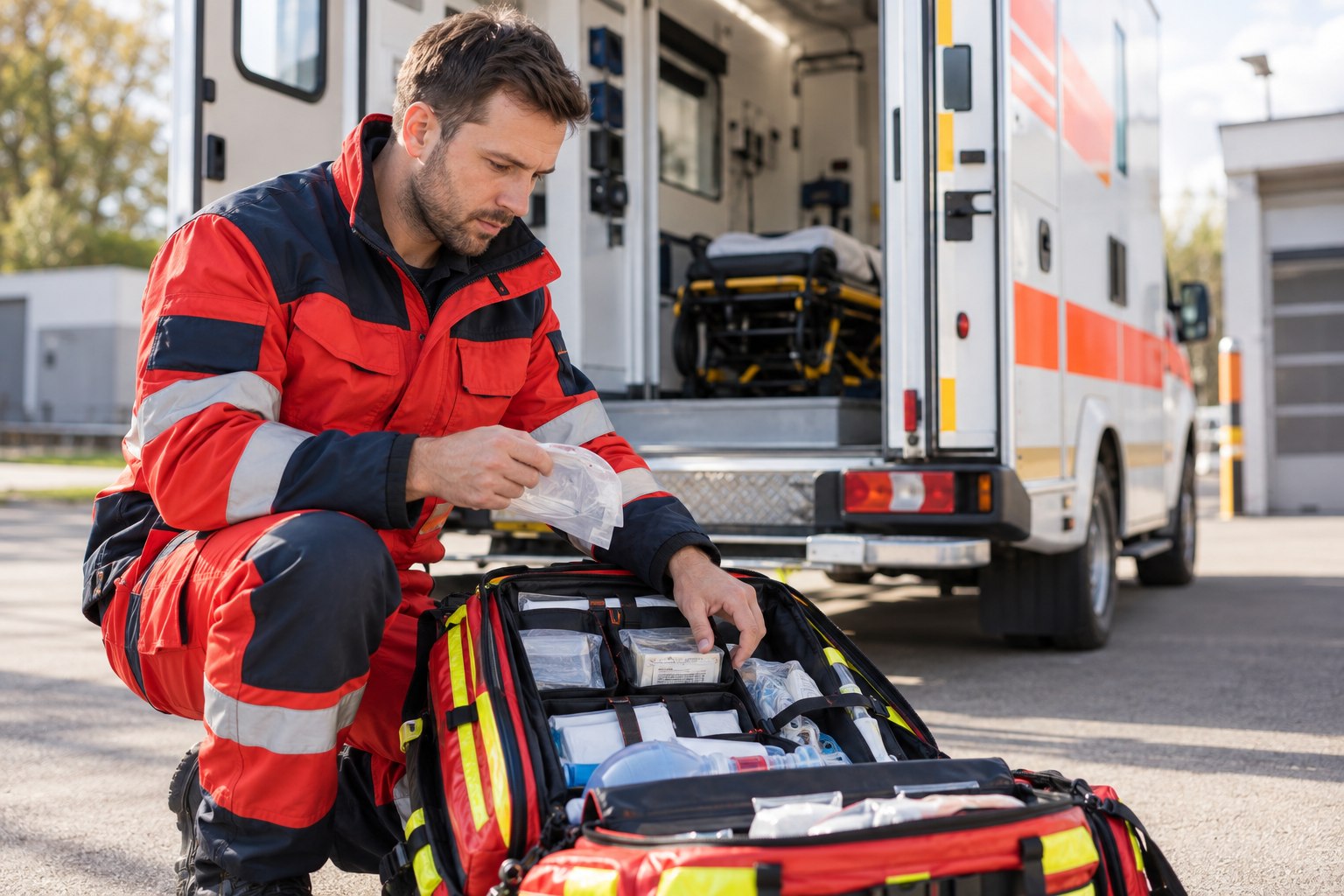 Notfallsanitäter kontrolliert die Ausrüstung im Notfallrucksack