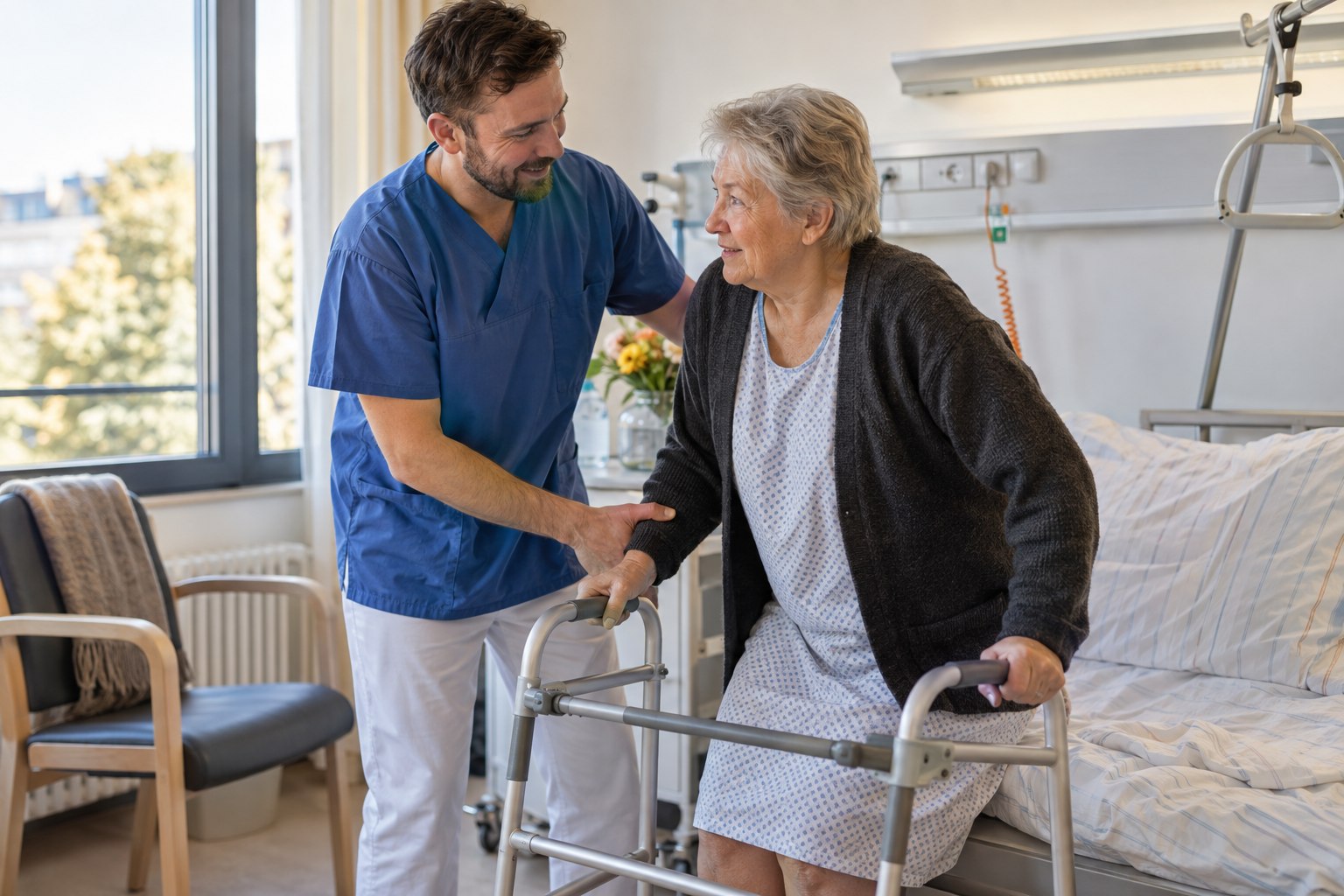 Pflegekraft unterstützt einen älteren Patienten bei einer Bewegungsübung