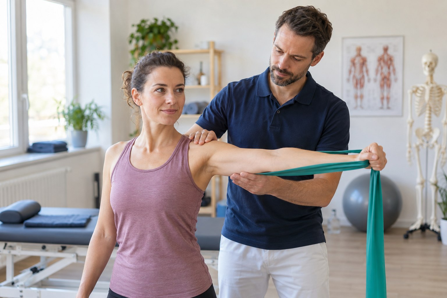 Berufsunfähigkeitsversicherung für Physiotherapeuten Physiotherapeut begleitet eine Schulterübung mit einem Trainingsband