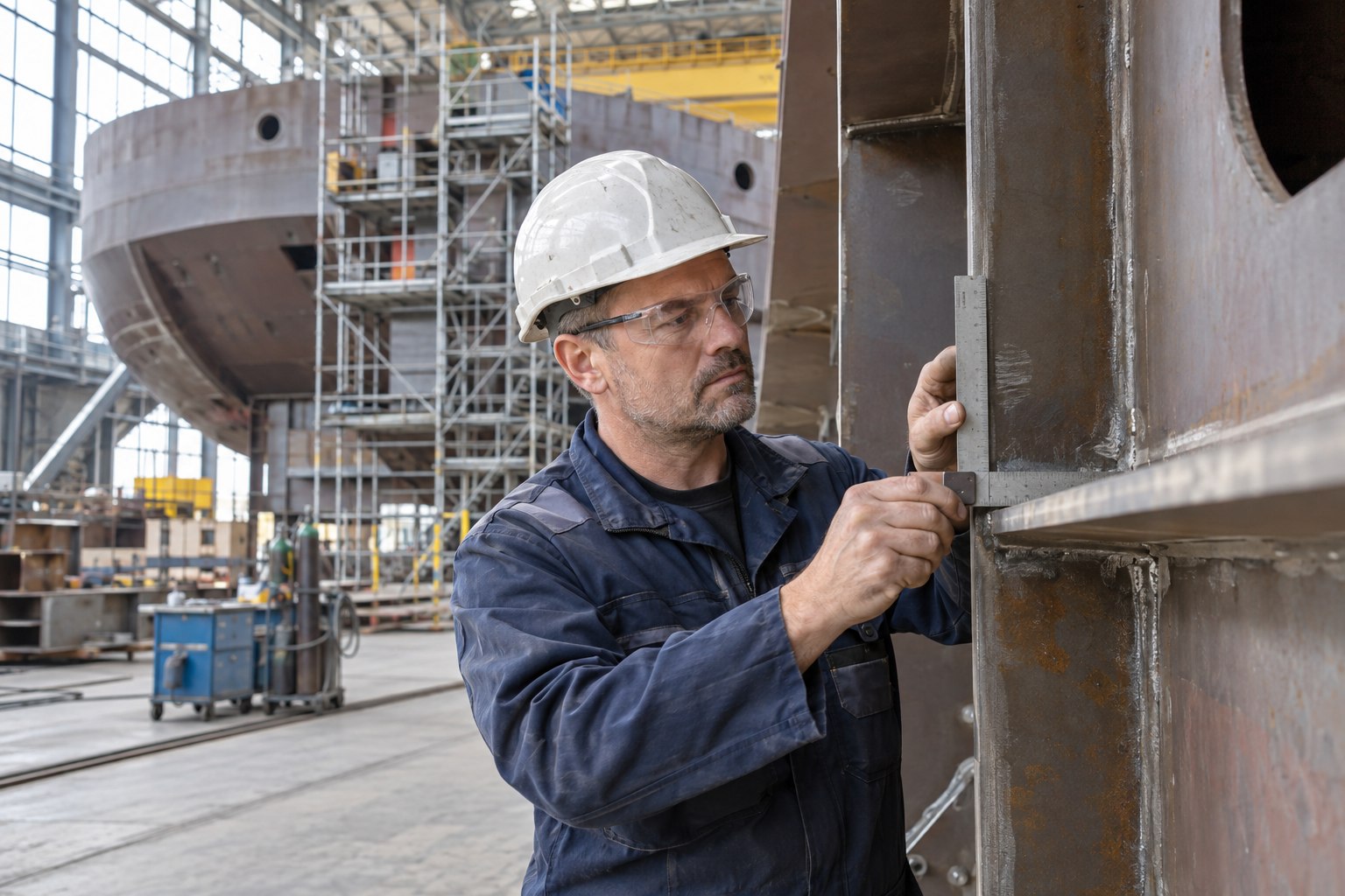 Schiffbauer kontrolliert eine Metallverbindung mit einem Winkel in einer Werfthalle