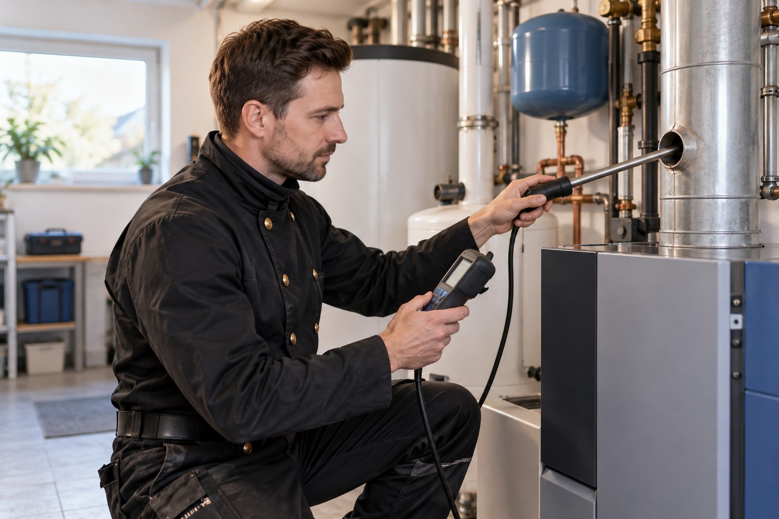 Schornsteinfeger prüft eine Heizungsanlage mit einem Abgasmessgerät