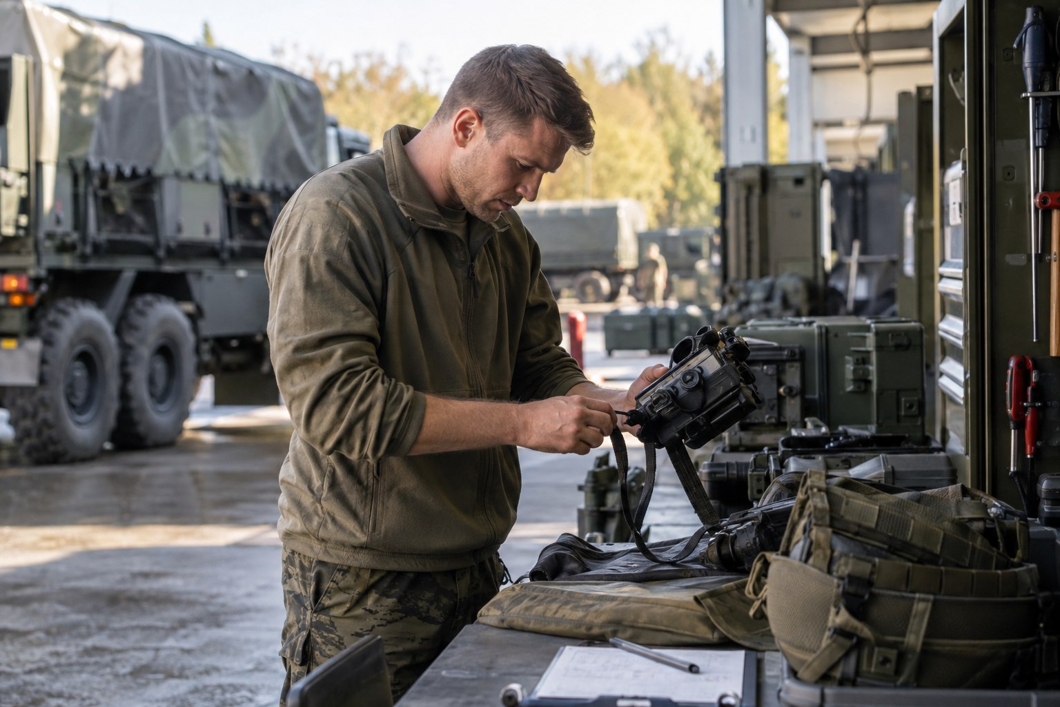 Soldat kontrolliert Ausrüstung in einem technischen Arbeitsbereich