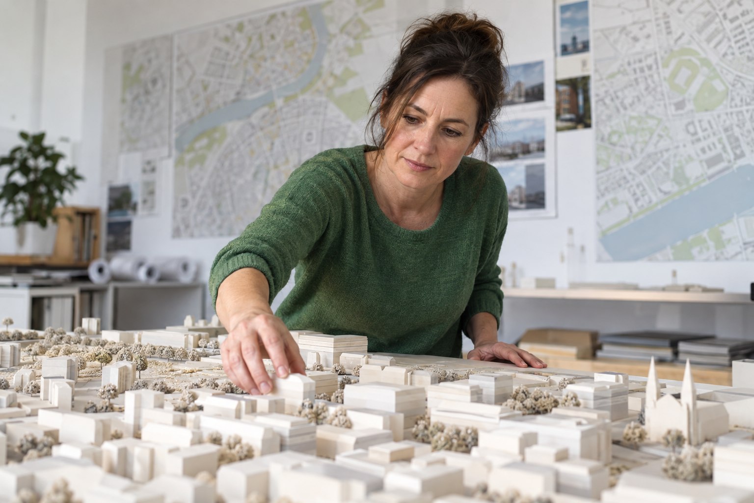 Stadtplanerin arbeitet an einem Modell eines Stadtquartiers