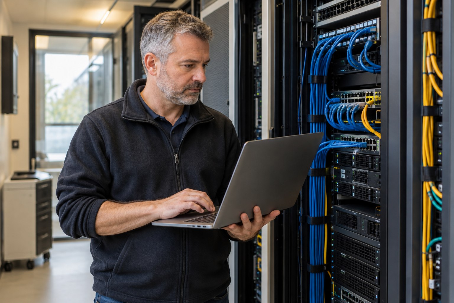 Berufsunfähigkeitsversicherung für IT-Systemadministratoren IT-Systemadministrator prüft Netzwerkkomponenten im Serverraum