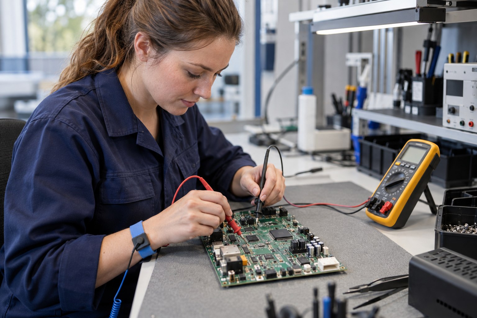 Systemelektronikerin prüft eine elektronische Baugruppe mit einem Multimeter