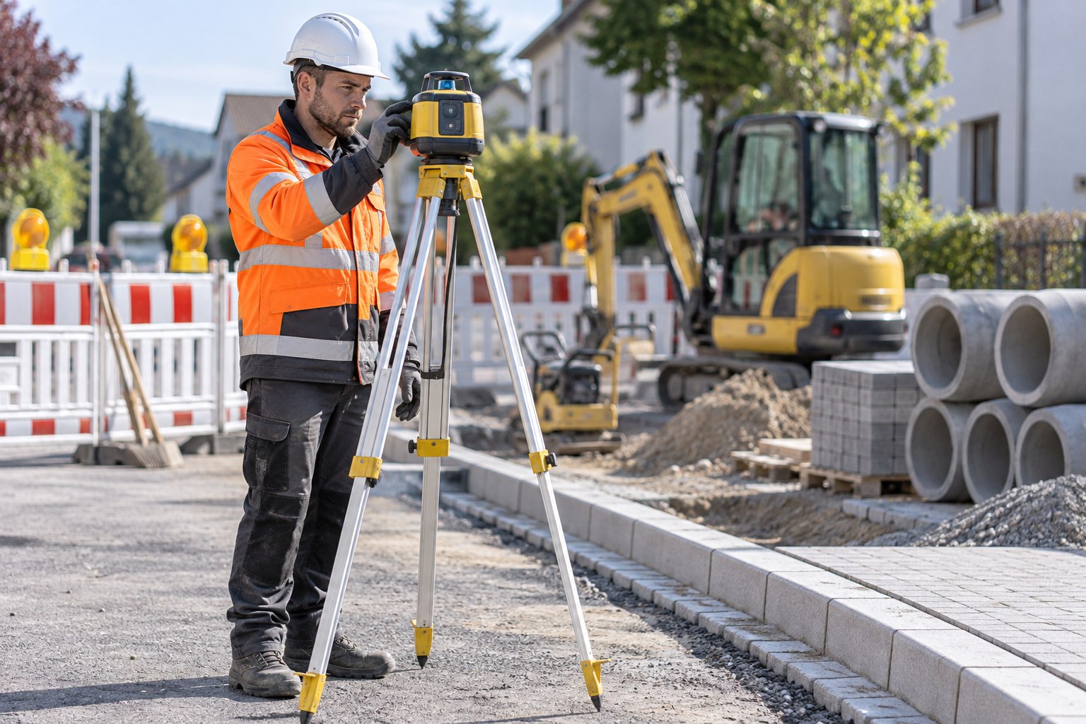 Berufsunfähigkeitsversicherung für Tiefbauarbeiter Tiefbauarbeiter prüft ein Messgerät auf einer abgesperrten Straßenbaustelle